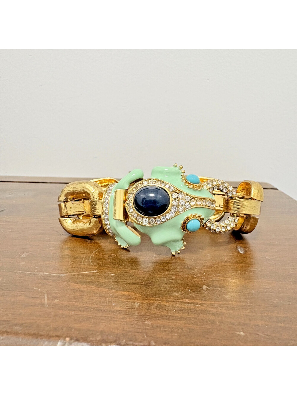 J. Crew Rhinestone Enamel Green Frog Gold Plated Wide Heavy Statement Bracelet